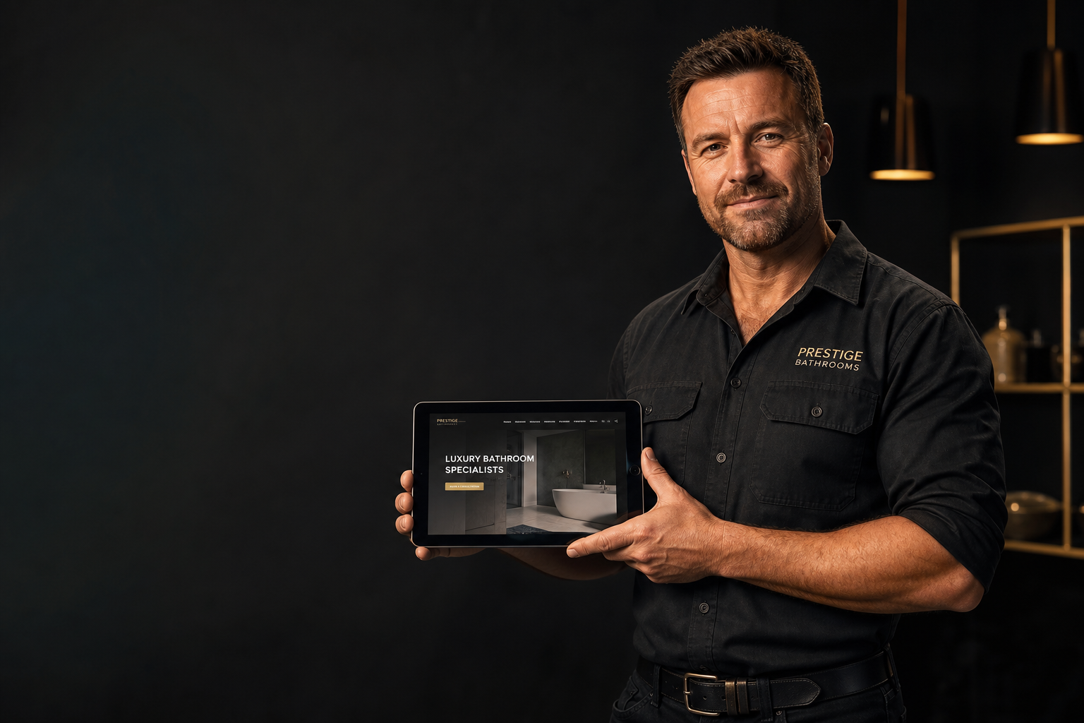 A contractor in a black Prestige Bathrooms work shirt holding a tablet showing his luxury bathroom company website, photographed against a dark studio backdrop with warm gold lighting.
