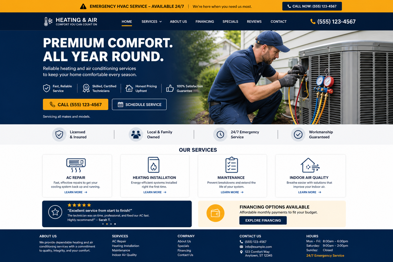 Heating and air conditioning website with a technician servicing an outdoor unit, a 24/7 emergency banner, service cards and financing options.