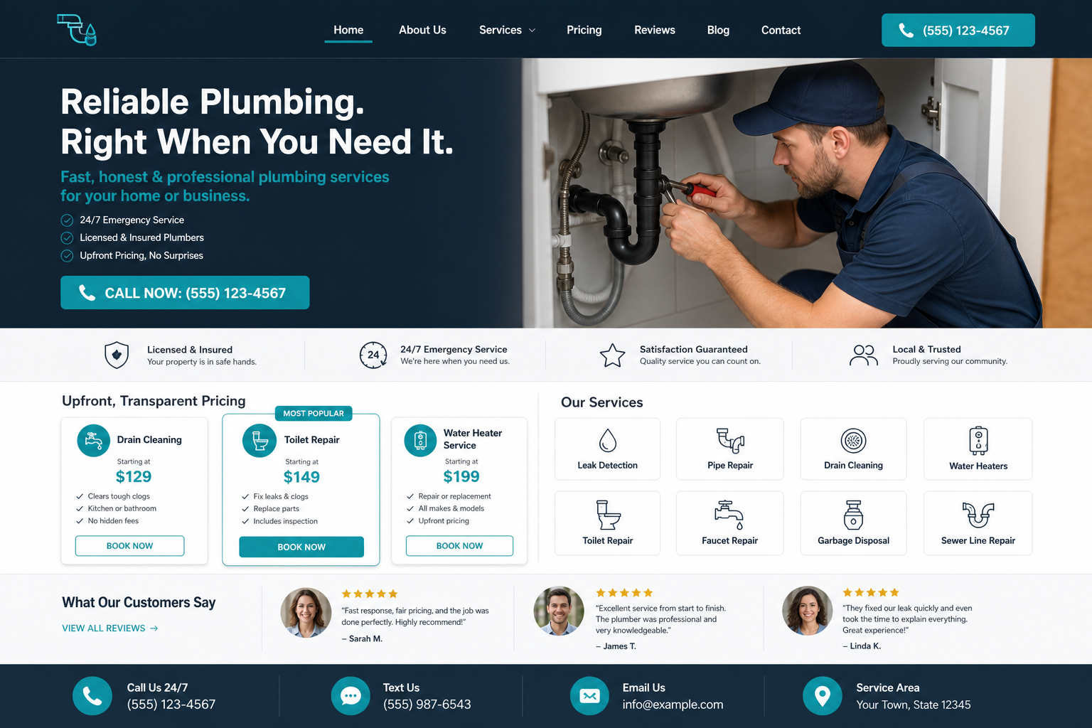 Plumbing company website with a plumber repairing a sink drain, upfront pricing cards for drain cleaning, toilet repair and water heater service, and a services grid.