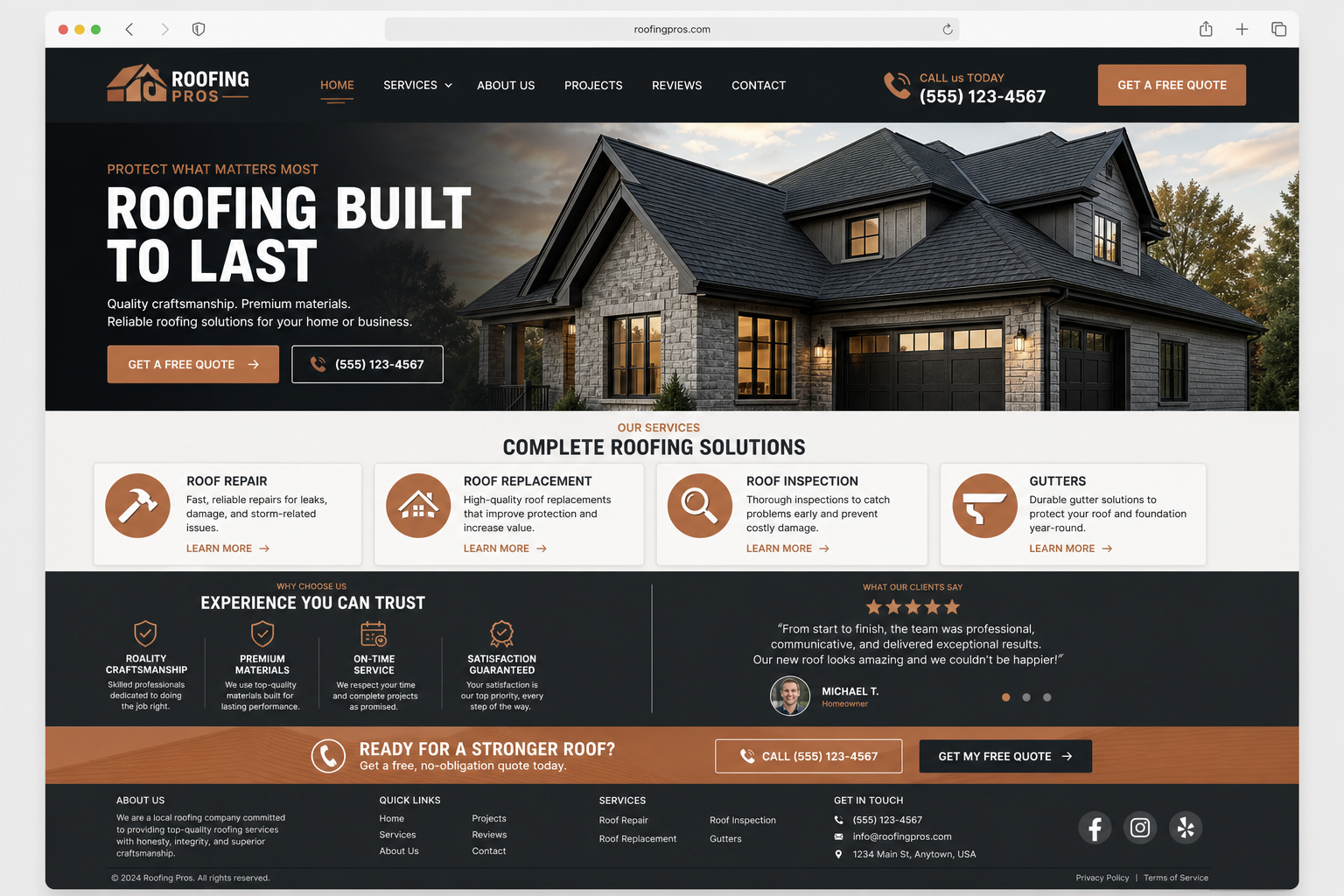 Roofing company website with a dark hero photo of a large shingled home, service cards for repair, replacement, inspection and gutters, and prominent call buttons.